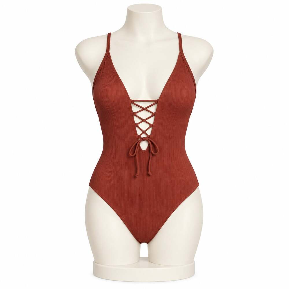 Cupshe Women One Piece Swimsuit S Rust Brown Ribbed Lace Up Crisscross NW